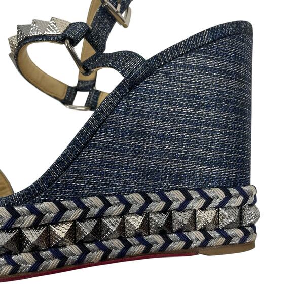 Christian Louboutin Lame Lux Pyraclou 110 Denim Wedge Sandal Blue Size 41 - Picture 9 of 12